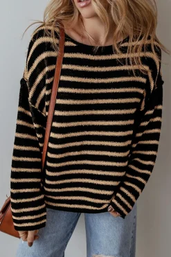 Best Dear-Lover Drop Shoulder Round Neck Loose Sweater Black Stripe