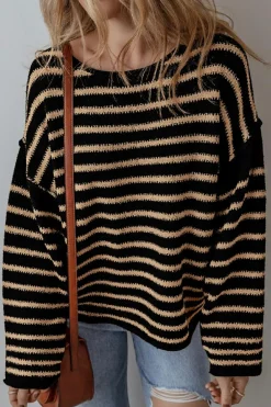 Best Dear-Lover Drop Shoulder Round Neck Loose Sweater Black Stripe