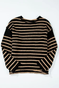 Best Dear-Lover Drop Shoulder Round Neck Loose Sweater Black Stripe