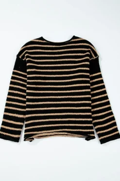Best Dear-Lover Drop Shoulder Round Neck Loose Sweater Black Stripe