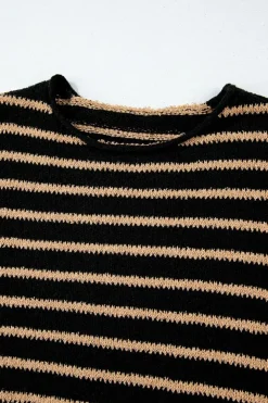 Best Dear-Lover Drop Shoulder Round Neck Loose Sweater Black Stripe