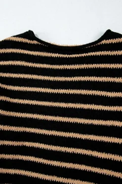 Best Dear-Lover Drop Shoulder Round Neck Loose Sweater Black Stripe