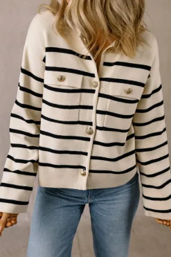 Discount Dear-Lover Flap Pocket Buttoned Cardigan Sweater Black Stripe