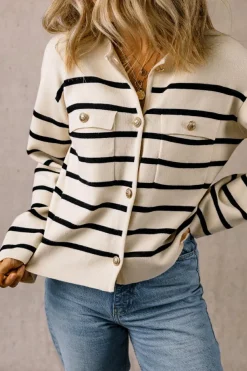 Discount Dear-Lover Flap Pocket Buttoned Cardigan Sweater Black Stripe