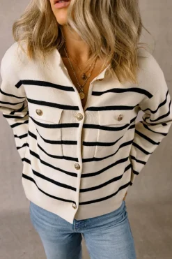 Discount Dear-Lover Flap Pocket Buttoned Cardigan Sweater Black Stripe