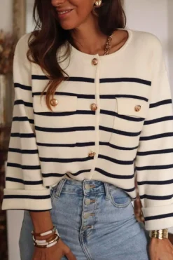 Discount Dear-Lover Flap Pocket Buttoned Cardigan Sweater Black Stripe