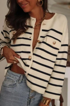 Discount Dear-Lover Flap Pocket Buttoned Cardigan Sweater Black Stripe