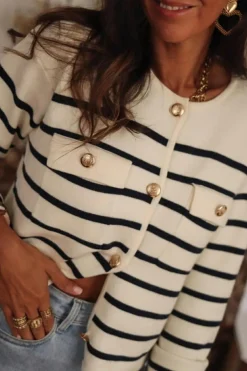 Discount Dear-Lover Flap Pocket Buttoned Cardigan Sweater Black Stripe