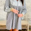 Hot Dear-Lover Floral Patchwork Tied V Neck Shift Long Sleeve Mini Dress Black Stripe