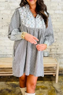 Hot Dear-Lover Floral Patchwork Tied V Neck Shift Long Sleeve Mini Dress Black Stripe