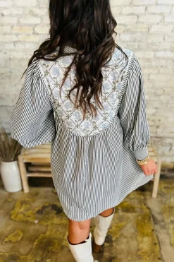 Hot Dear-Lover Floral Patchwork Tied V Neck Shift Long Sleeve Mini Dress Black Stripe