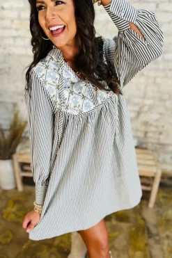 Hot Dear-Lover Floral Patchwork Tied V Neck Shift Long Sleeve Mini Dress Black Stripe