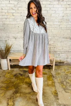 Hot Dear-Lover Floral Patchwork Tied V Neck Shift Long Sleeve Mini Dress Black Stripe