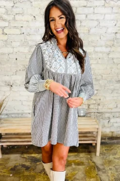 Hot Dear-Lover Floral Patchwork Tied V Neck Shift Long Sleeve Mini Dress Black Stripe