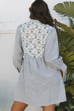 Hot Dear-Lover Floral Patchwork Tied V Neck Shift Long Sleeve Mini Dress Black Stripe