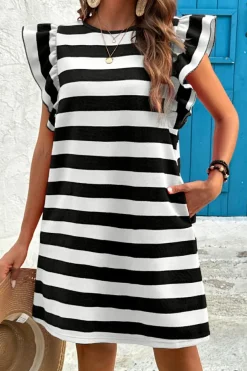 Online Dear-Lover Flutter Sleeve Round Neck Shift Dress Black Stripe
