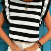 Sale Dear-Lover Flutter Sleeve Round Neck T Shirt Black Stripe