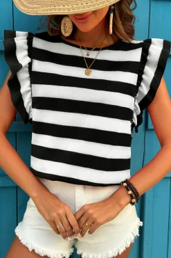 Sale Dear-Lover Flutter Sleeve Round Neck T Shirt Black Stripe