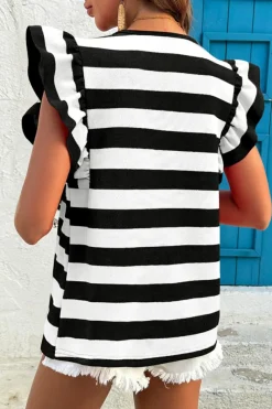 Sale Dear-Lover Flutter Sleeve Round Neck T Shirt Black Stripe