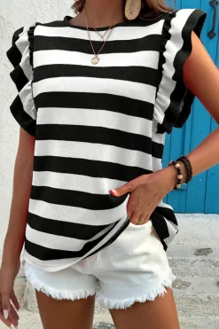 Sale Dear-Lover Flutter Sleeve Round Neck T Shirt Black Stripe