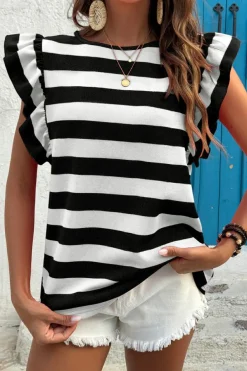 Sale Dear-Lover Flutter Sleeve Round Neck T Shirt Black Stripe