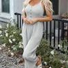 Fashion Dear-Lover Half Buttoned Sleeveless Wide Leg Jumpsuit Black Stripe