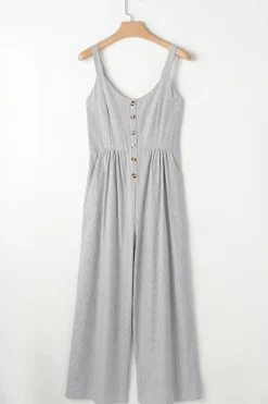 Fashion Dear-Lover Half Buttoned Sleeveless Wide Leg Jumpsuit Black Stripe
