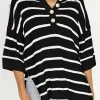 Hot Dear-Lover Henley Buttoned Placket Drop Shoulder Bracelet Sleeve Knit Sweater Tee Black Stripe