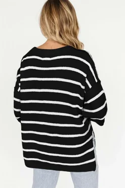 Hot Dear-Lover Henley Buttoned Placket Drop Shoulder Bracelet Sleeve Knit Sweater Tee Black Stripe