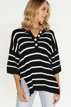Hot Dear-Lover Henley Buttoned Placket Drop Shoulder Bracelet Sleeve Knit Sweater Tee Black Stripe