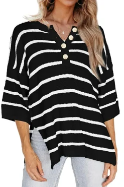 Hot Dear-Lover Henley Buttoned Placket Drop Shoulder Bracelet Sleeve Knit Sweater Tee Black Stripe