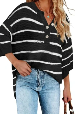 Hot Dear-Lover Henley Buttoned Placket Drop Shoulder Bracelet Sleeve Knit Sweater Tee Black Stripe
