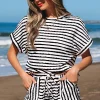 New Dear-Lover Knitted Short Sleeve Top and Drawstring Shorts Set Black Stripe