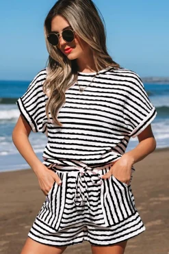 New Dear-Lover Knitted Short Sleeve Top and Drawstring Shorts Set Black Stripe