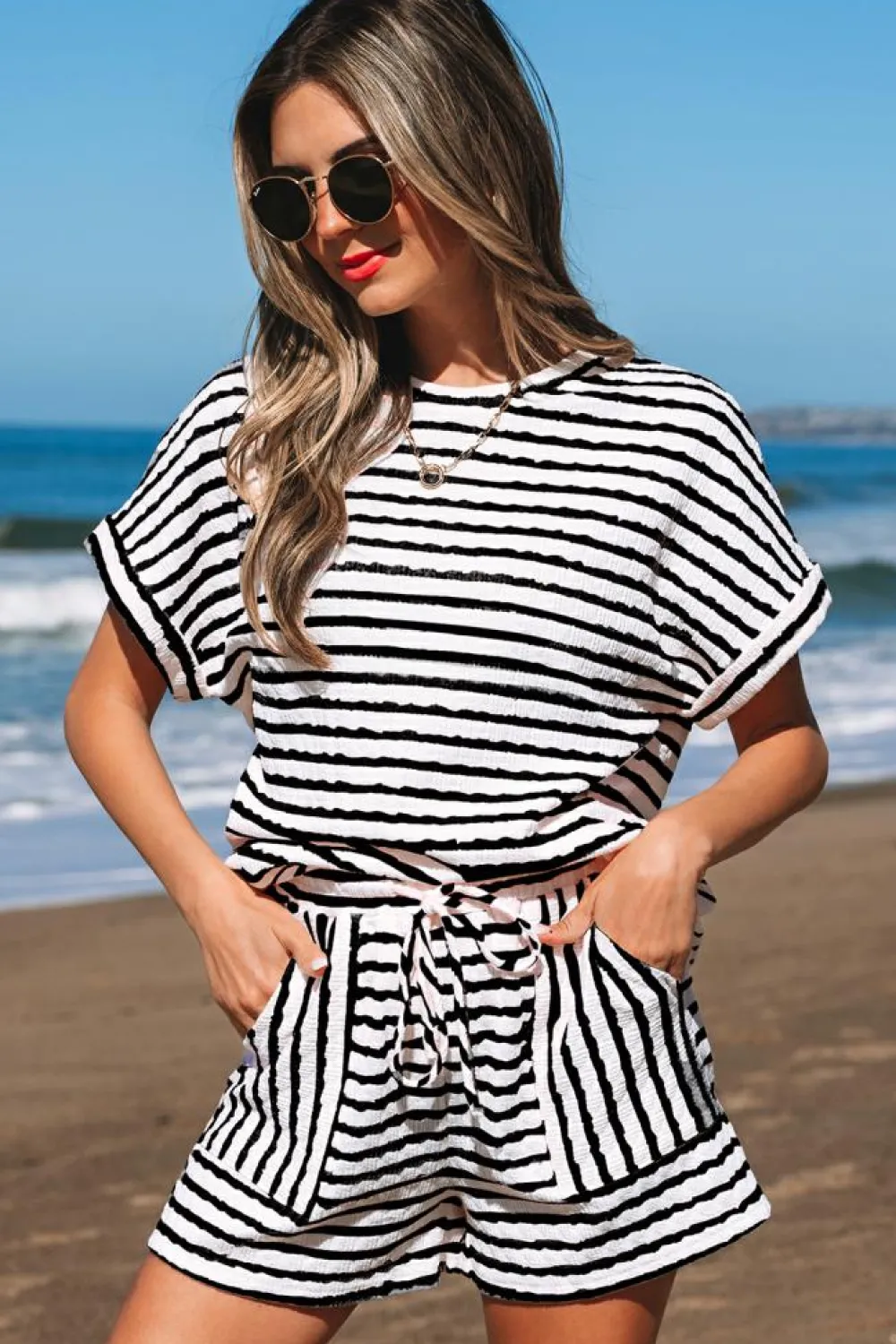 New Dear-Lover Knitted Short Sleeve Top and Drawstring Shorts Set Black Stripe