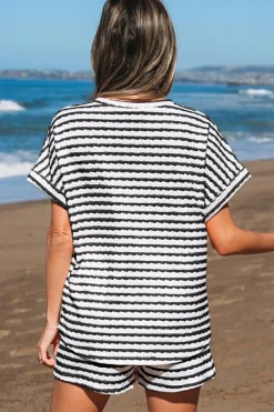 New Dear-Lover Knitted Short Sleeve Top and Drawstring Shorts Set Black Stripe