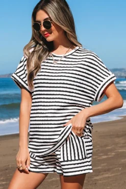 New Dear-Lover Knitted Short Sleeve Top and Drawstring Shorts Set Black Stripe