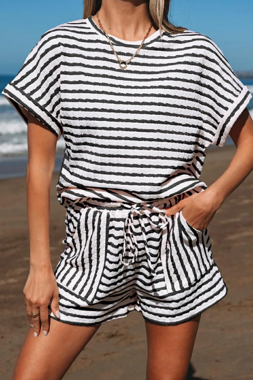 New Dear-Lover Knitted Short Sleeve Top and Drawstring Shorts Set Black Stripe