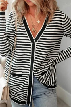 New Dear-Lover Long Sleeve Button up Tunic Cardigan Black Stripe