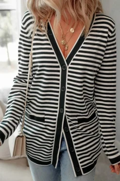 New Dear-Lover Long Sleeve Button up Tunic Cardigan Black Stripe