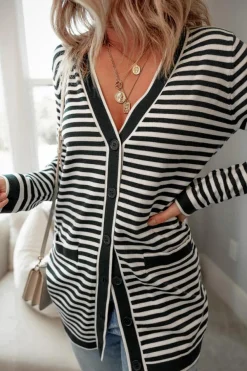 New Dear-Lover Long Sleeve Button up Tunic Cardigan Black Stripe