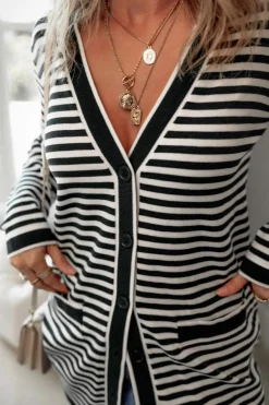 New Dear-Lover Long Sleeve Button up Tunic Cardigan Black Stripe