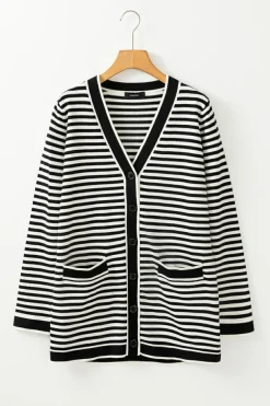 New Dear-Lover Long Sleeve Button up Tunic Cardigan Black Stripe