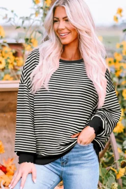 Best Dear-Lover Loose Drop Shoulder Long Sleeve Top Black Stripe