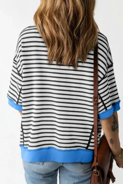 Fashion Dear-Lover Oversized Contrast Trim Exposed Seam High Low T Shirt Black Stripe
