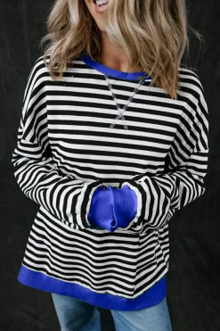 Online Dear-Lover Oversized Contrast Trim Pullover Sweatshirt Black Stripe