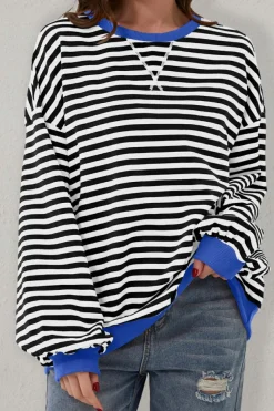 Online Dear-Lover Oversized Contrast Trim Pullover Sweatshirt Black Stripe