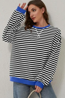 Online Dear-Lover Oversized Contrast Trim Pullover Sweatshirt Black Stripe