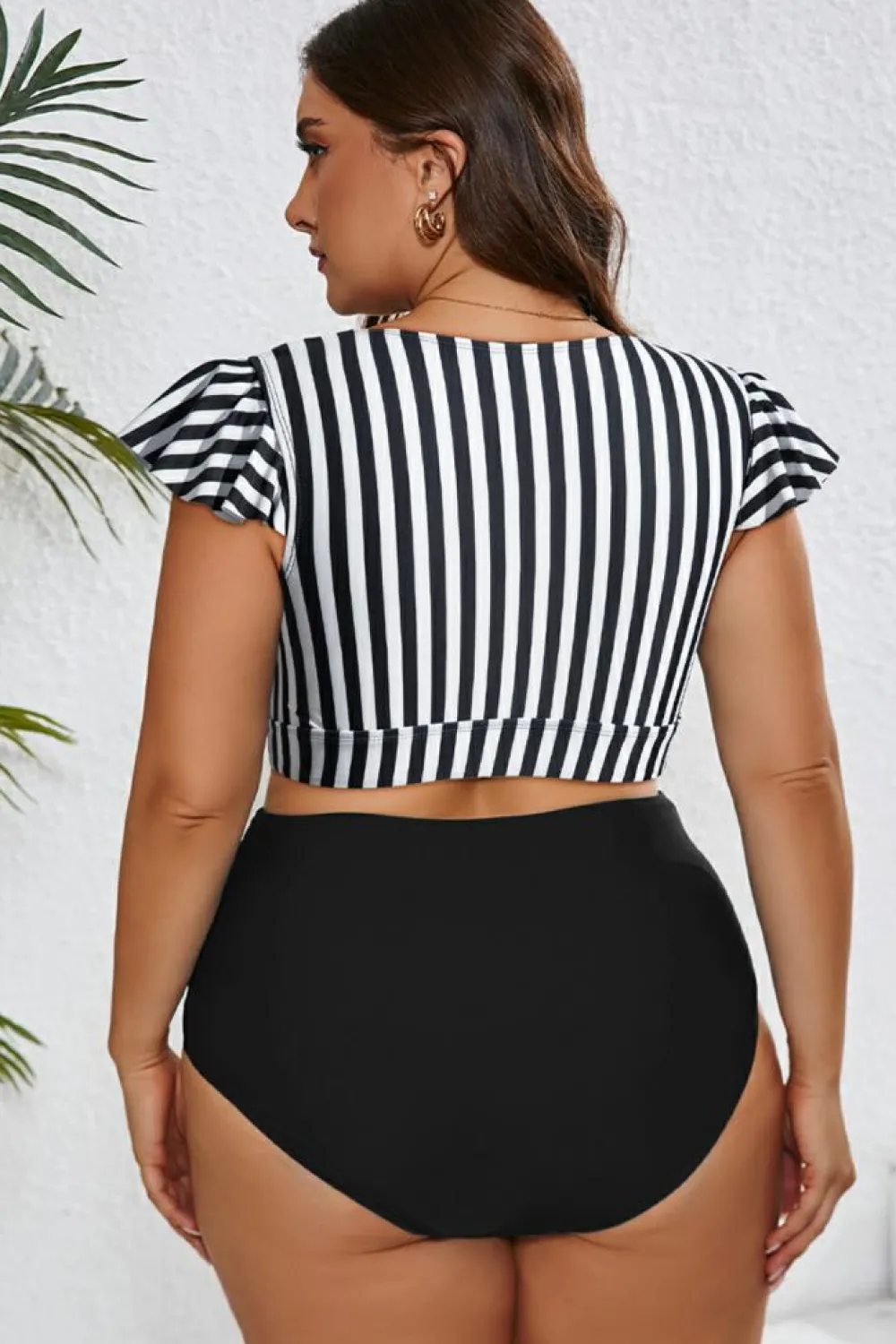 Discount Dear-Lover Plus Size Knot Cutout Ruffle Sleeve and High Waisted 2pcs Swimsuit Black Stripe