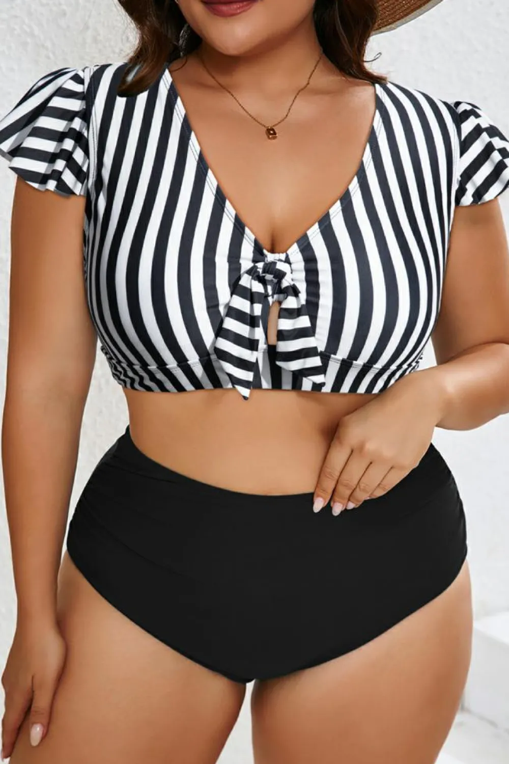 Discount Dear-Lover Plus Size Knot Cutout Ruffle Sleeve and High Waisted 2pcs Swimsuit Black Stripe